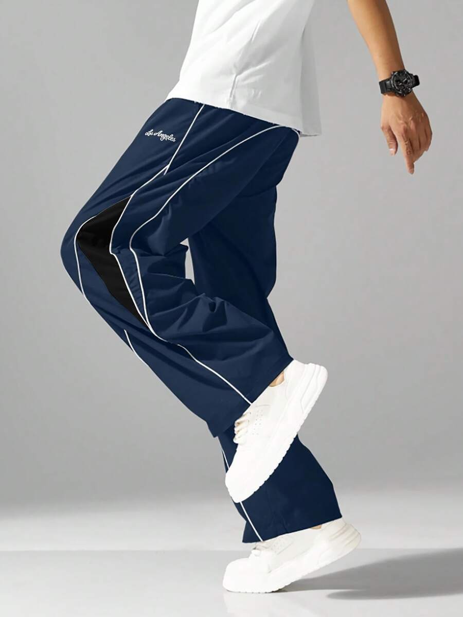 1pc Teen Boys Loose Streetwear Drawstring Waist Colorblock Sports Long Pants, Polyester Material Thin Style - Royal Blue - View 1