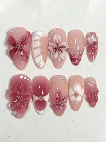 10pcs French Ombre 3D Floral Decor Water Wave Diamond Design Y2K Fresh Style Glossy Full Cover False Nails, Suitable For Spring, Almond Shape Acrylic Nail Stickers - Multicolor - View 9