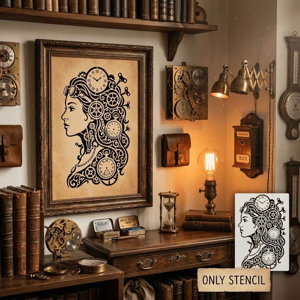 2Pcs Steampunk Woman Stencil, Reusable Clock Female Line Art Stencils, Plastic Steampunk Art DIY Templates For Wall, Furniture, Fabric, Home Decor, Craft Supplies - Steampunk Woman - View 1