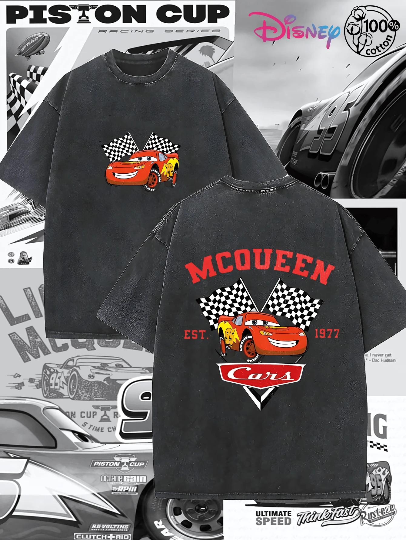 Collaboration Disney : T-shirt homme Cars à imprimé Flash McQueen, col rond et manches courtes, coupe décontractée ! Vêtement d'été pour homme, T-shirt en coton à imprimé graphique, idéal au quotidien, pour les loisirs et le sport. - Noir - Voir 1
