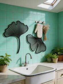 2pcs Ginkgo Leaf Metal Wall Decor Set, Minimalist Floral Wall Art, Floral Metal Line Art, Natural Decor, Bedroom Wall Art, Home Decor, Scene Decor, Theme Party Decor, Wall Decoration. Of Course, It Can Also Be A Gift For Any Occasion, Such As: Housewarming, Birthday, Valentine's Day, Perfect For Home, Wedding, Christmas Decoration! - Black - View 8