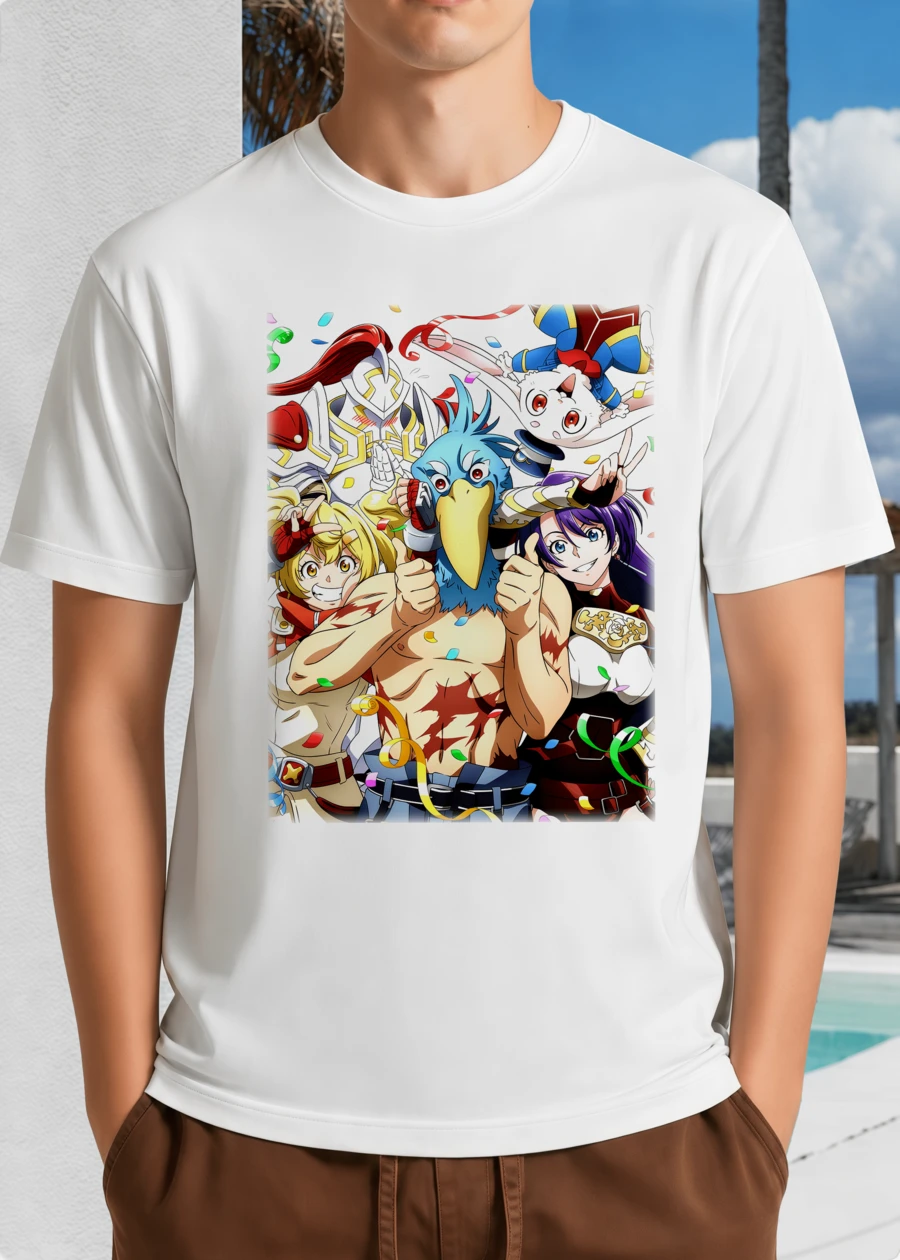 Shangri-La Frontier Unisex Shirt With Anime Party Scene - Bird Warriors And Friends Cheering - Colorful Confetti Illustration - White - View 1
