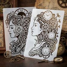 2Pcs Steampunk Woman Stencil, Reusable Clock Female Line Art Stencils, Plastic Steampunk Art DIY Templates For Wall, Furniture, Fabric, Home Decor, Craft Supplies - Steampunk Woman - View 9