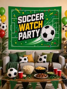 1pc-Football Match Viewing Party Backdrop, Green Stadium-Themed Hanging Cloth With Football Confetti Pattern, Large Sports Photo Backdrop For World Cup Viewing Parties, Match Days, Birthday Parties, Bar Decorations, Made Of Polyester. - Multicolor - View 6