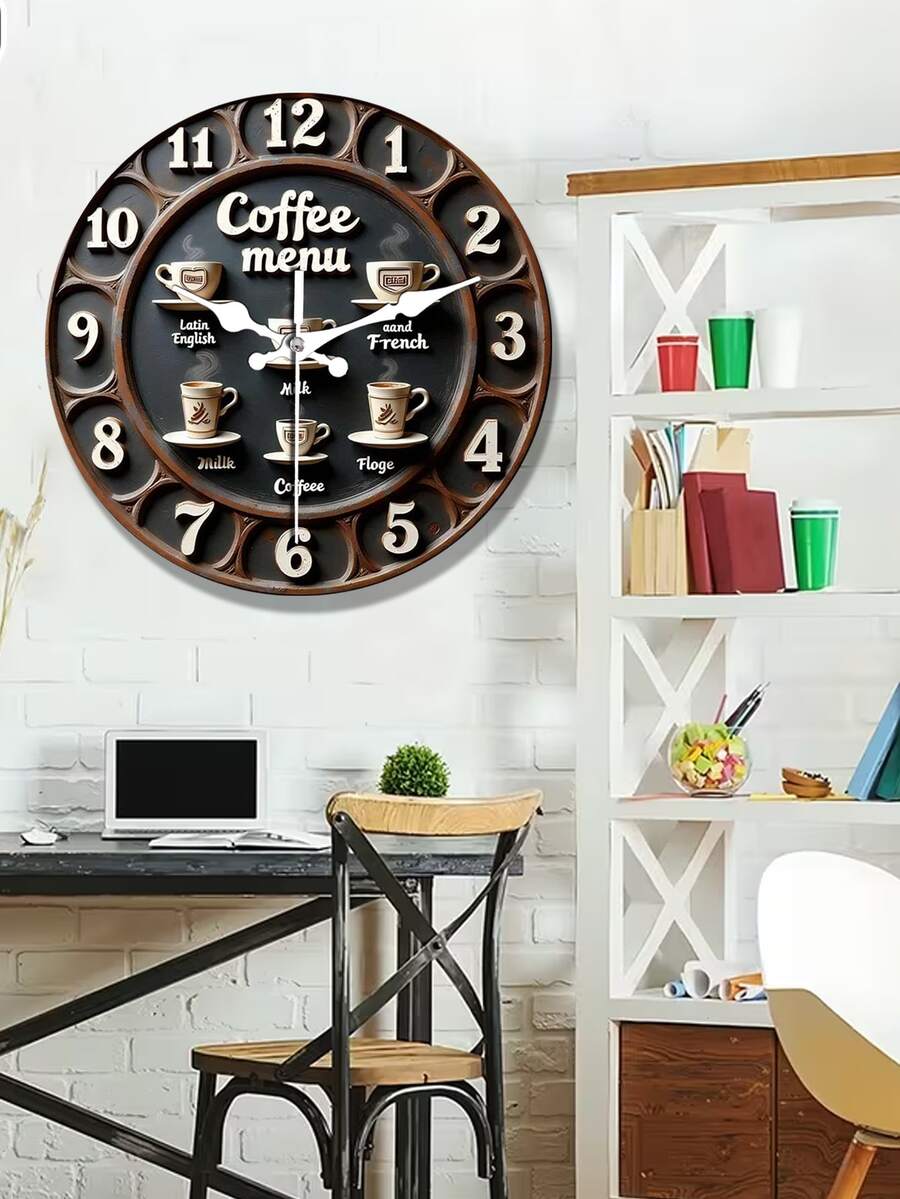 10/12 Inch Silent Coffee Menu Wall Clock - 2D Wooden Quartz Design With English And French Coffee Themed, Ideal For Kitchen, Dining Room Or Cafe Decor, Silent Wall Clock | Retro Clock Design | Silent Operation, 2D Flat - Multicolor - View 1