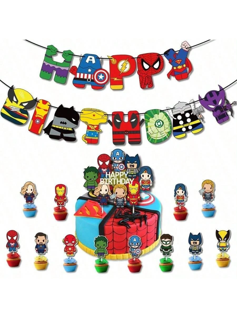 Superhero Avengers Birthday Banner Cake Topper Party Decoration Set Suitable For Birthday Party, Bachelor Party, Christmas, Birthday Gift, Holiday Gift, Decoration - Multicolor - View 1