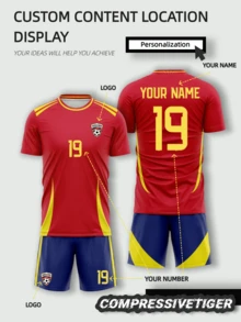 2pcs Spanish Football Jersey Set, Red & Gold Jersey And Dark Blue Shorts, Customizable Name And Number Sports - Red - View 1