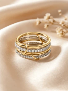 Camhanno 1pc - Gold-Tone Interlocking Circle Ring With Synthetic Gemstone Inlay - Versatile Women's Jewelry For Hip-Hop And Party Styles; Perfect For Daily Wear, Banquets, Festivals, And Wedding Celebrations. - Four-layer Diamond Ring - View 7