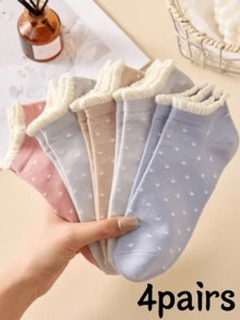 4 Pairs Women's Colorful Ruffle Polka Dot Invisible Socks, Breathable And Comfortable, Suitable For Spring, Summer And Autumn, Random Colors, Street Casual Fashion Socks - Multicolor - View 4