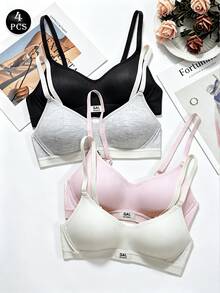 4pcs Cute Wireless Bra, Suitable For Small Bust Women, Sweet Ribbed Comfortable Bra, Adjustable Straps, Daily Wear - Multicolor - View 1
