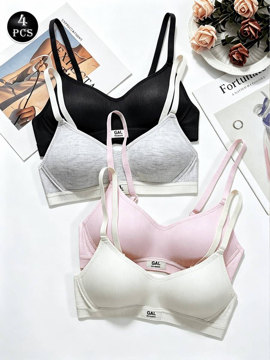 4pcs Cute Wireless Bra, Suitable For Small Bust Women, Sweet Ribbed Comfortable Bra, Adjustable Straps, Daily Wear - Multicolor - View 1