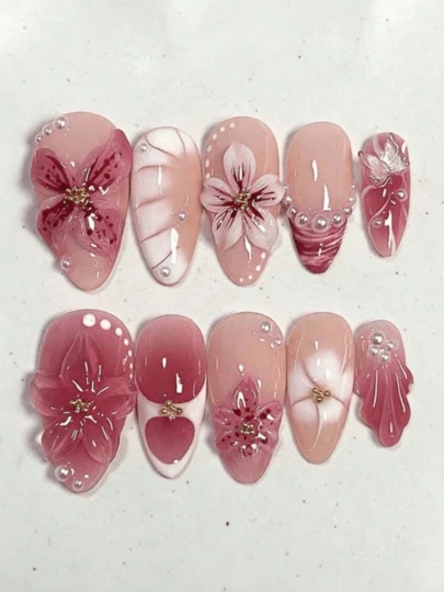 10 piezas de uñas postizas francesas con diseño de onda de agua, decoración floral 3D y diamantes en estilo Y2K brillante y fresco, adecuadas para primavera, en forma de almendra