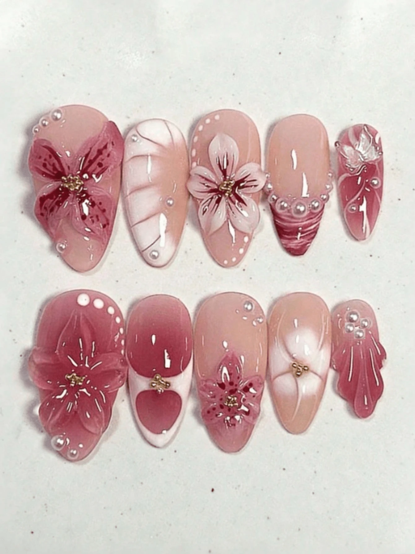 10pcs French Ombre 3D Floral Decor Water Wave Diamond Design Y2K Fresh Style Glossy Full Cover False Nails, Suitable For Spring, Almond Shape Acrylic Nail Stickers - Multicolor - View 1