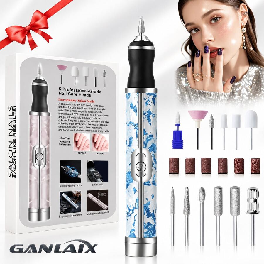 GANLAIX 12位电动指甲打磨套装，多功能指甲钻，USB充电 - 适用于厚指甲的指甲打磨器，专业4速电动指甲锉，指甲抛光护理塑形工具，专业美甲打磨工具，女士佳礼，超值之选 - 彩色 - 查看 1