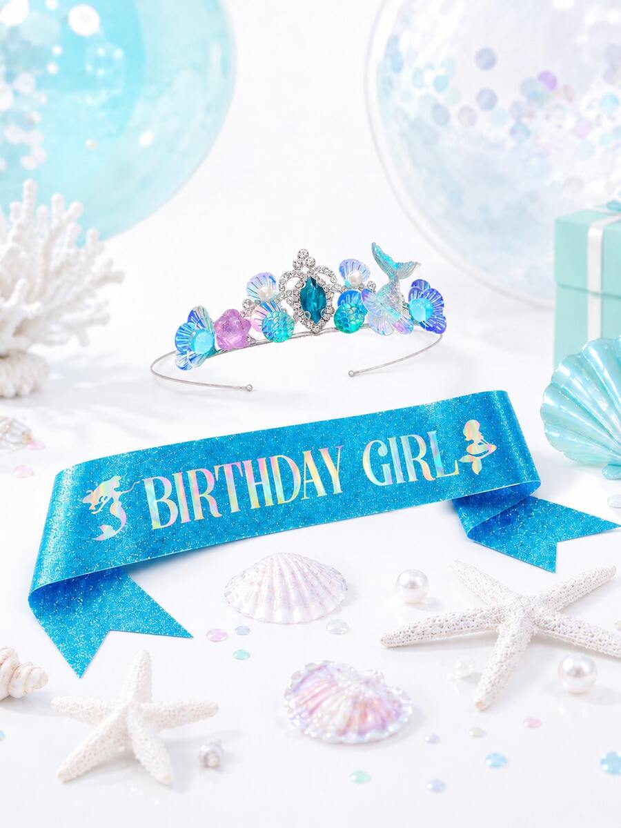 2件組美人魚主題生日女孩皇冠與肩帶套組,藍色閃亮公主皇冠配貝殼與魚尾,全息「生日女孩」肩帶,美人魚主題女孩裝扮配件,女孩生日派對用品,嬰兒淋浴、性別揭曉派對裝飾 - 彩色 - 查看 1