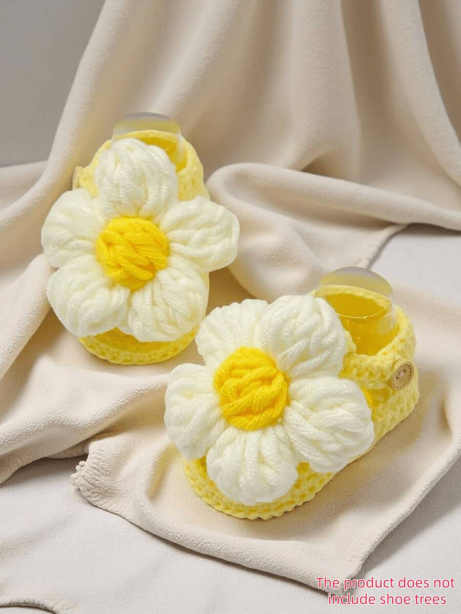 1双手工钩织雏菊图案婴儿学步鞋,白色鞋面黄色花心,柔软针织婴儿鞋 - 黃色 - 查看 1