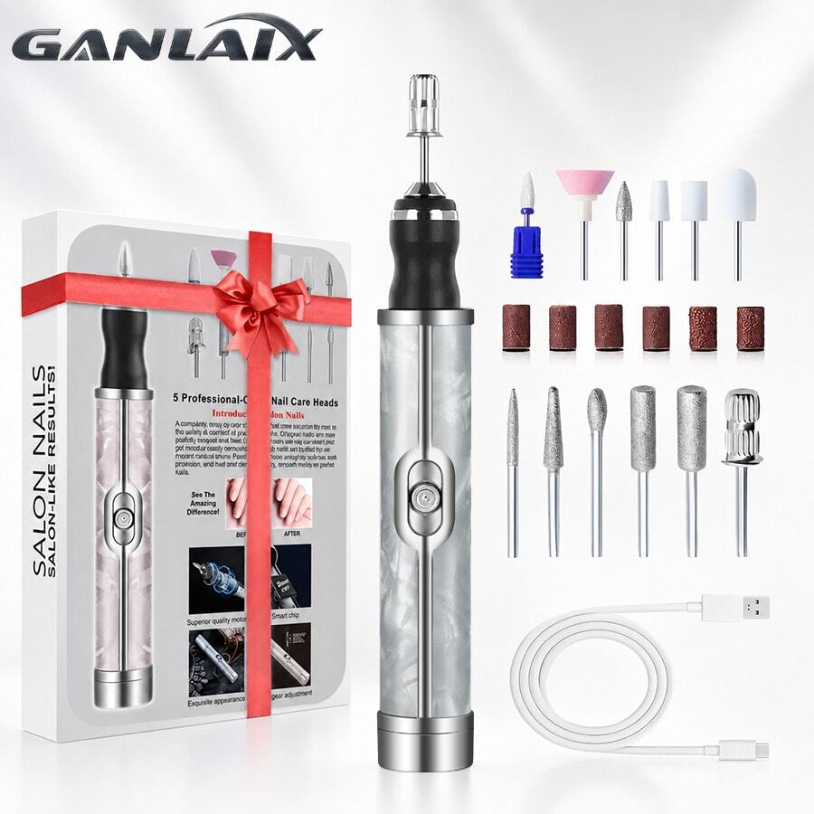 GANLAIX 12位电动指甲打磨套装,多功能指甲钻,USB充电 - 适用于厚指甲的指甲打磨器,专业4速电动指甲锉,指甲抛光护理塑形工具,专业美甲打磨工具,女士佳礼,品质优良,价格合理 - 白色 - 查看 1