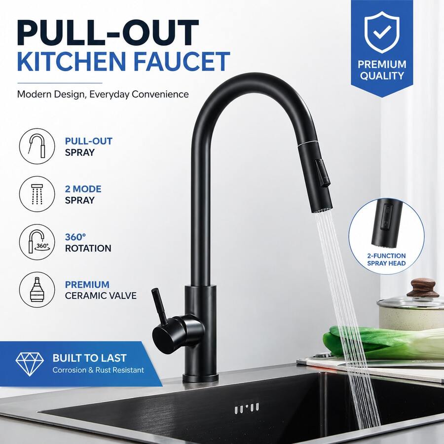 Matte Black Pull-Out Kitchen Faucet, 360° Swivel Single Handle Sink Tap, 2 Spray Modes Pull-Down Kitchen Mixer Faucet, Suitable For Farmhouse, RV, Multi-Function Bar Sink, Modern Stainless Steel Design - Black - View 1