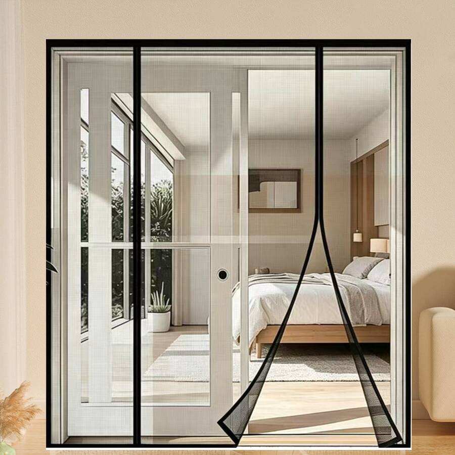 Sommer 3-Panel 2-Türige Schwarze Glasfaser Magnetische Fliegengittertür, Ohne Bohren Installation, Anti-Mücken Atmungsaktive Magnetische Netz Türvorhang Für Zuhause, Garage, Balkon, Wohnzimmer, Esszimmer, Küche, Schlafzimmer, Heimdekoration - Drei Teile doppelwandiges, schwarzes Fiberglas - Übersicht 1