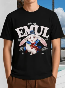 Black Unisex T-Shirt With Shangri-La Frontier Emul Magical Bunny Motif - Cute Anime Design - Black - View 10