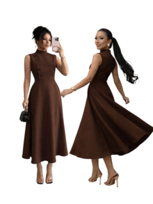 Elegant Women's Midi Dress, Sleeveless, High Neck With Side Buttons, Chic Tailored, Casual And Party Wedding Dress - 鏽棕色 - 查看 1