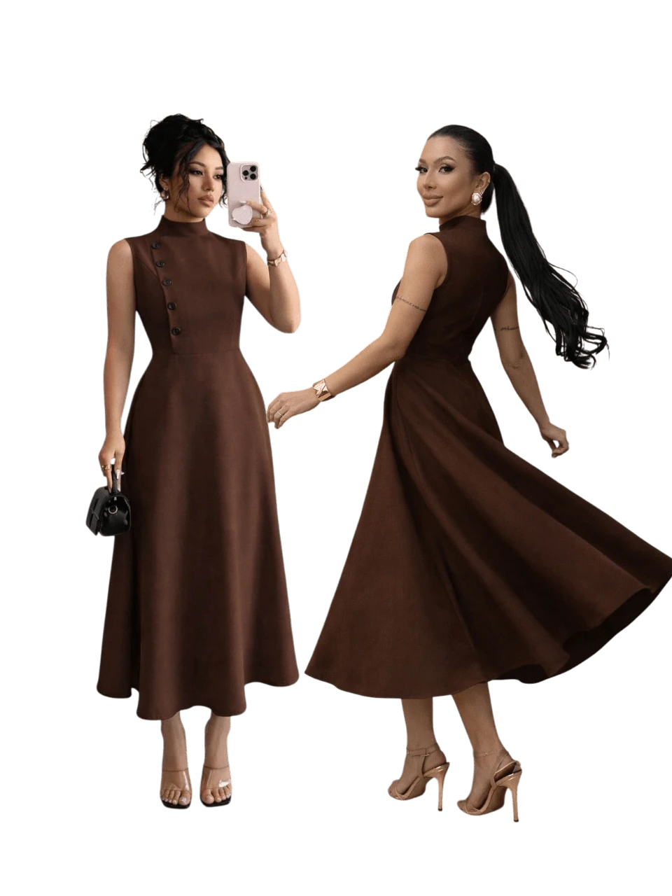 Elegant Women's Midi Dress, Sleeveless, High Neck With Side Buttons, Chic Tailored, Casual And Party Wedding Dress - 鏽棕色 - 查看 1
