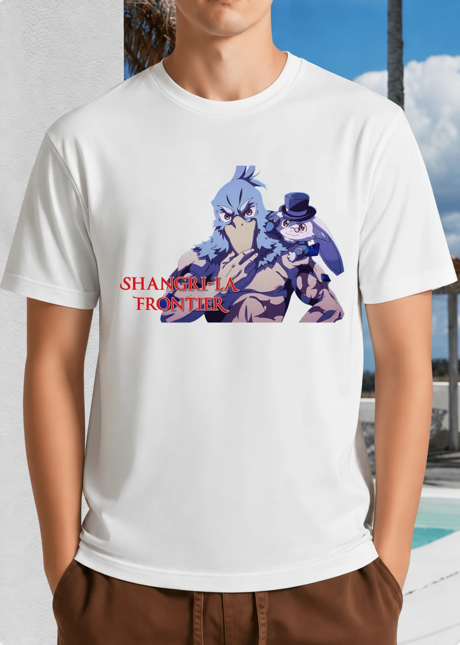 White Unisex T-Shirt Shangri-La Frontier With Blue Bird Warrior And Rabbit In Top Hat - Fun Anime Fantasy Design - White - View 1