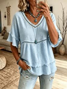 Women's Linen Blend Eyelet & Fringe Trim Blouse, V-Neck Short Sleeve Casual Top, Boho Chic - Baby Blue - View 4