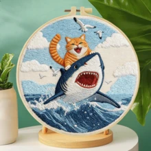 1套刺繡套裝,15x15cm/5.9x5.9in--20x20cm/7.9x7.9in,鯊魚騎貓,手工DIY刺繡套裝,適合成人與初學者,包含使用說明書、印花布料、刺繡框、針與線,給家人與朋友的聖誕禮物 - A - 查看 5