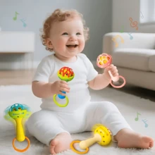 4件套婴儿摇铃玩具 - 多种颜色可选（粉色、绿色、黄色、蓝色），色彩缤纷，有助于培养宝宝手眼协调能力，适合0-12个月的宝宝，认知学习礼物，婴儿铃铛玩具，新生儿礼物 - 彩色 - 查看 4