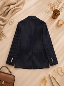 Women's Pinstripe Double Breasted Suit Jacket Spring Elegant Fall - Navy Blue - View 2