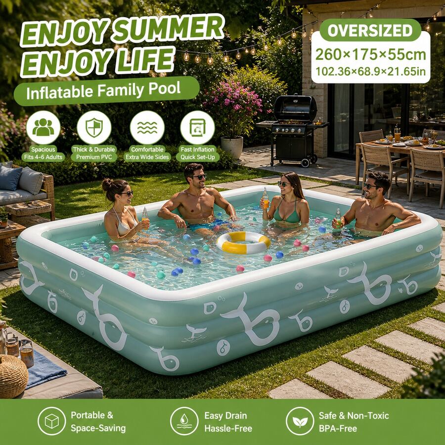 Large Inflatable Swimming Pool, Family Swimming Pool With Inflatable Slide, Durable PVC Material, Easy To Install, Rectangular Swimming Pool, Ideal For Backyard Summer Entertainment And Pool Parties - A - View 1