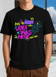 Black Unisex T-Shirt With Jinx Graffiti Lettering "Jinx Was Here" - Colorful Street Art Anime Style - Black - View 10