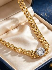 Collar de cadena cubana chapada en oro con un solo diamante de circonita para mujer, estilo minimalista personalizado, adecuado para el uso diario en el trayecto al trabajo y en el lugar de trabajo, regalo ideal para entusiastas de la moda - Dorado - Ver 2