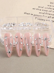 6 Grids 3D Silver Metal Star & Geometric Nail Art Charms (Pentagon, Triangle, Square, Exploding Star, Cross Star), Y2K Japanese Style Nail Jewelry For DIY Manicure - Silver - View 5