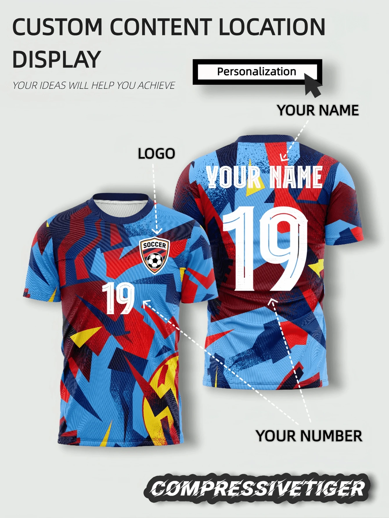 Camiseta de entrenamiento de fútbol, camiseta de fútbol con estampado geométrico azul & rojo personalizado, nombre & número personalizables para deportes - Azul - Ver 1