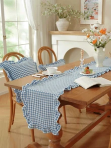 1/20PCS French Style Plaid Vintage Ruffle Edge Table Runner, Suitable For Living Room, Dining Room, Holiday Party, Family Gathering, Wedding Banquet, Birthday Table Decoration, Washable - Blue - View 1