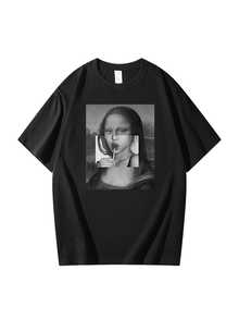 Casual Blouses For Women, Black T-Shirt With Mona Lisa Print Edited With Candy Lollipop, Short Sleeve, Women's Tops With Artistic And Bold Style, Ideal For Daily Use And Unique Looks. - 黑色 - 查看 1