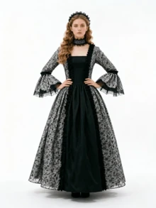 Gaun Cosplay Gaya Victoria Klasik, Gaun Pesta Formal Lengan Panjang Leher Persegi, Gaun Pesta Kostum Abad Pertengahan Renaisans - Perak - View 5