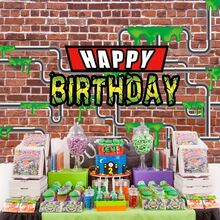 Hero Turtle Cartoon Party Fotobox Requisiten, Rote Ziegelwand & Wasserrohr Design Geburtstags-Wandflagge mit "Happy Birthday" Text, Vinyl Banner für Geburtstagsfeier Dekoration Hintergrund, gemischte Farben, Raumdekoration Zubehör - Übersicht 2