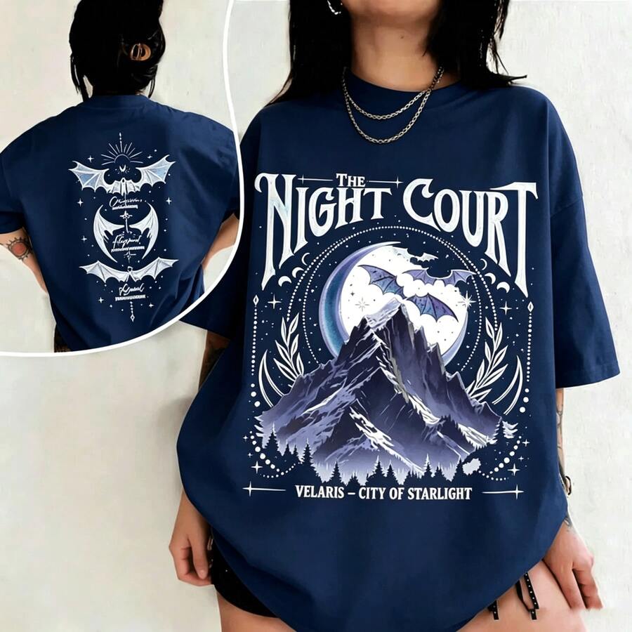 Velaris The Night Court Acotar Two-Sided Comfort Shirt, Velaris The Night Court Shirt, Court Of Dreams, Inner Circle Acotar Tee-Unisex Summer Casual Vintage Cotton Printed T-Shirts For Couples - 藏蓝色 - 查看 1