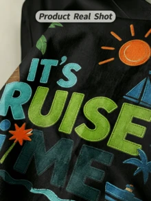 Camiseta de manga corta con cuello redondo suave y casual para mujer, estilo bordado con estampado gráfico "Cruise Time" para primavera y verano. - Negro - Ver 3
