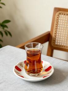 1/6 套金箔装饰陶瓷茶杯垫配玻璃杯，红金印花土耳其茶杯套装，高品质茶具，饰以金箔点缀，适合爱茶人士、下午茶、开斋节等场合。 - 彩色 - 查看 3