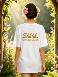 Camiseta de manga corta con cuello redondo suave y casual para mujer, con estampado gráfico del eslogan "Shhhh No One Cares" para usar en primavera y verano. - Blanco - Ver 4