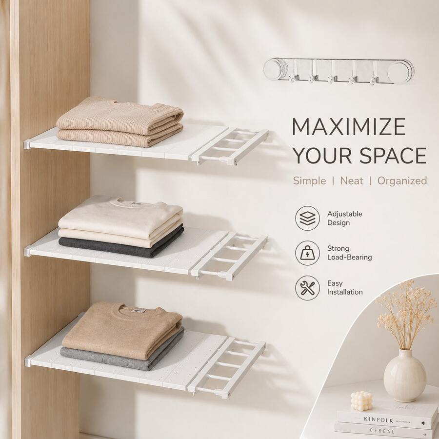 1/2PCS Ensemble d'organisateur de placard extensible, étagère à compartiments réglables, organisateur de garde-robe à grande capacité renforcé et robuste, installation sans perçage stable et antidérapante, étagère de rangement multifonctionnelle avec conception de barre de suspension convenant pour le rangement des vêtements, serviettes, pantalons, écharpes, sacs, organisateur de rangement pour chambre, placard, dortoir, solution de rangement extensible gain de place, fournitures pour la maison simples et élégantes