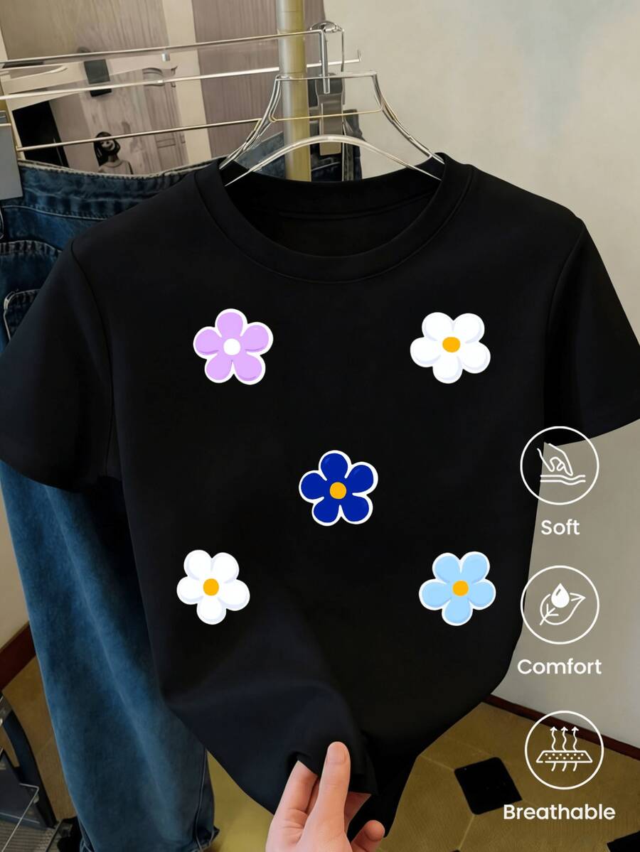 Women's Clothing, Unisex Summer Cotton T-Shirt, Cartoon Print, Round Neck, Couple Style, For Daily Indoor And Outdoor Use, Designer Women's Clothing. - 1 - 查看 1