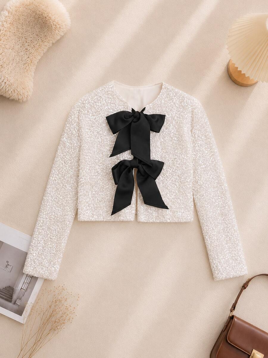 Women's Sparkling Bow Decor Short Jacket Spring Elegant - Apricot - View 1