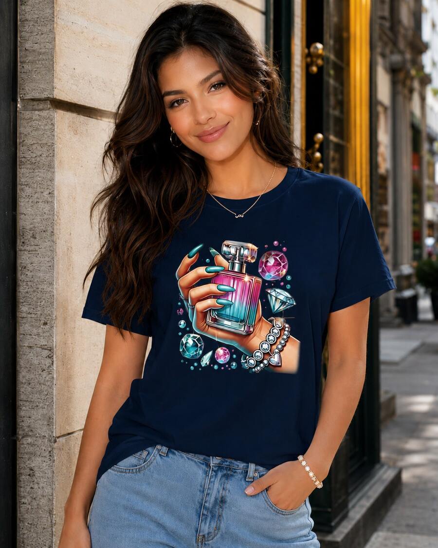 Women's Graphic Tee With Perfume, Nail, And Sparkly Jewelry Print, 100% Breathable Cotton, Short Sleeves, Round Neck, Soft And Comfortable, Casual Summer Top For Everyday Wear - 藍色 - 查看 1