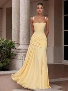 Elegant Sexy Asymmetric Ruched Summer Spaghetti Strap Maxi Bodycon Dress, Women's Nightclub Cocktail Party Dress, Yellow - Yellow - View 2