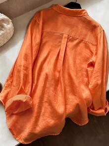 Women's Casual Solid Color Front Button Curved Hem Shirt - Orange - View 2